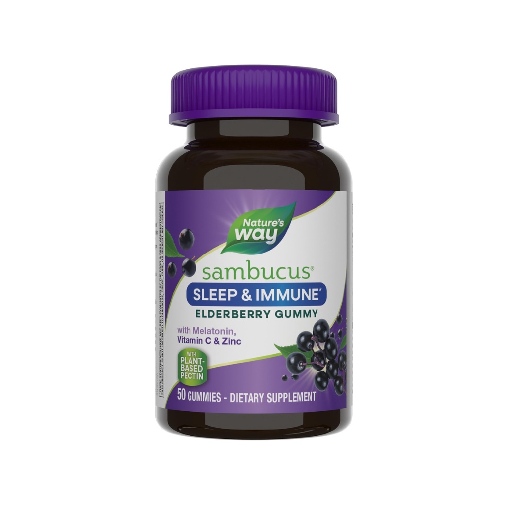 Nature 's Way Sambucus Sleep + immun * Elderberry Gummies, Sleep and immun Support *, Med Melatonin, C-vitamin, L-Theanin, Zink, 50 Gummies (Packaging May Vary)