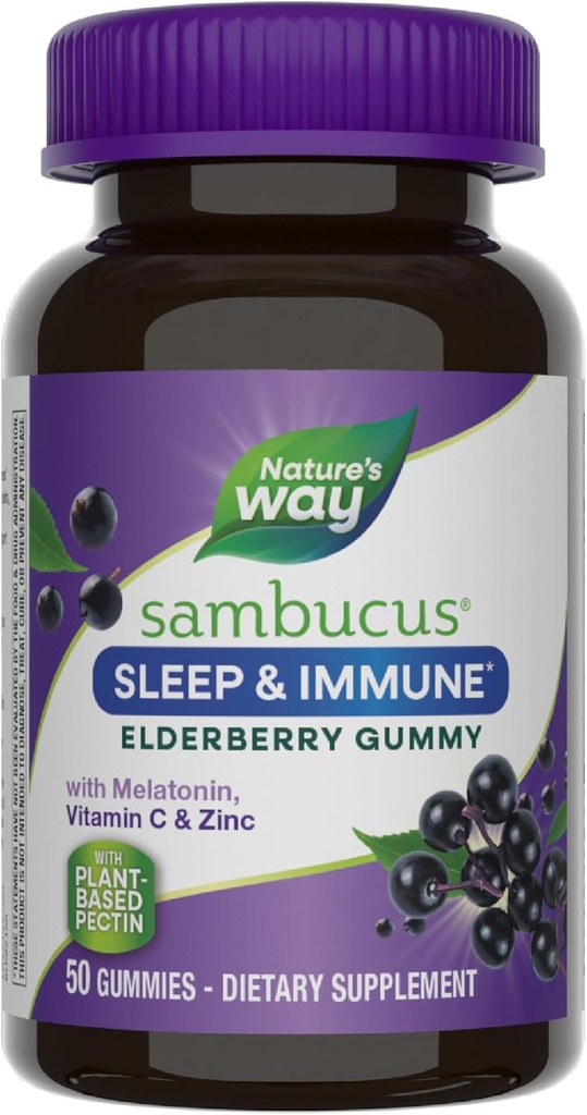 Nature 's Way Sambucus Sleep + immun * Elderberry Gummies, Sleep and immun Support *, Med Melatonin, C-vitamin, L-Theanin, Zink, 50 Gummies (Packaging May Vary)