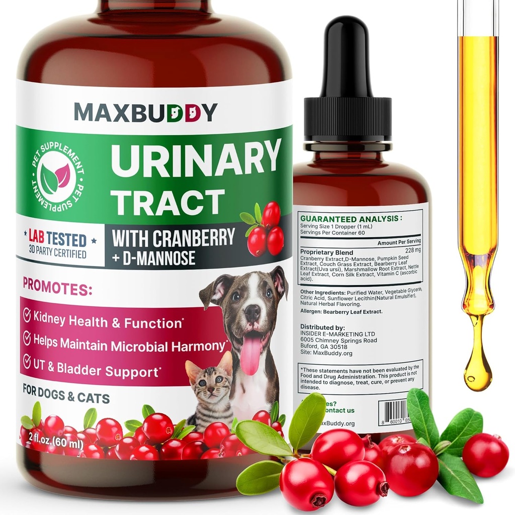 MaxBuddy Natural UTI Treatment Support - Cranberry Urinary Tract Infection Care & Prevention Assistance for Cats and Dogs - Nyre & Bstige Wellness Supplement Drops - Støtte til Urin Flow