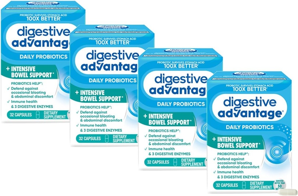 Fordøjelsesfordele Intensiv tarmstøtte Probiotisk forsvar mod gas & bloating, 32 Grev kapsler (4 Pack)