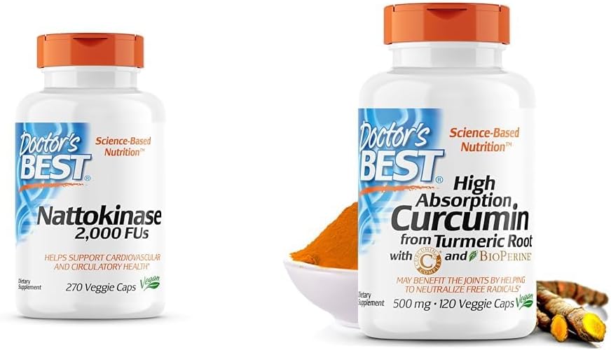 Doctor's BEST Nattokinase, Non-GMO, Vegan, Gluten Free, 270 Veggie Caps & DRB-00107 High Absorption Curcumin from Turmeric Root with C3 Complex & BioPerine 500mg