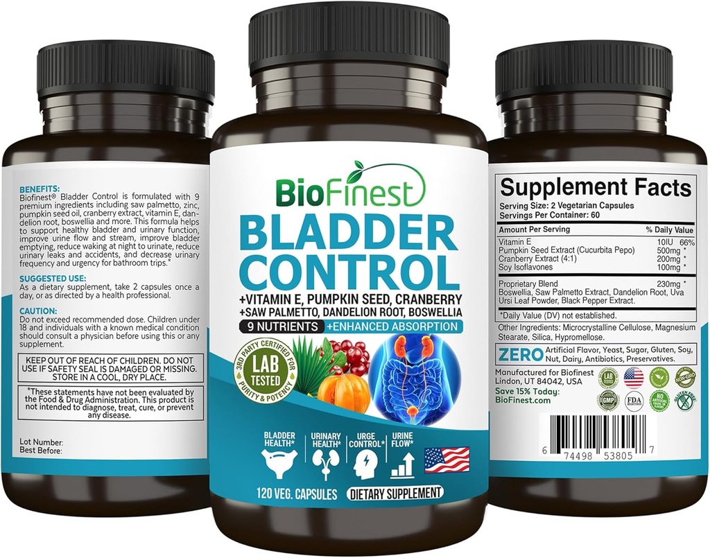 BioFinest Bregen Control Supplement for mænd og kvinder - 120 Veg. Kapsler - Saw Palmetto, Tranebær, Græskar frø, E-vitamin, Boswellia, Mælkebøtte - Urinar Tract Brege Sundhed - Lavet i USA