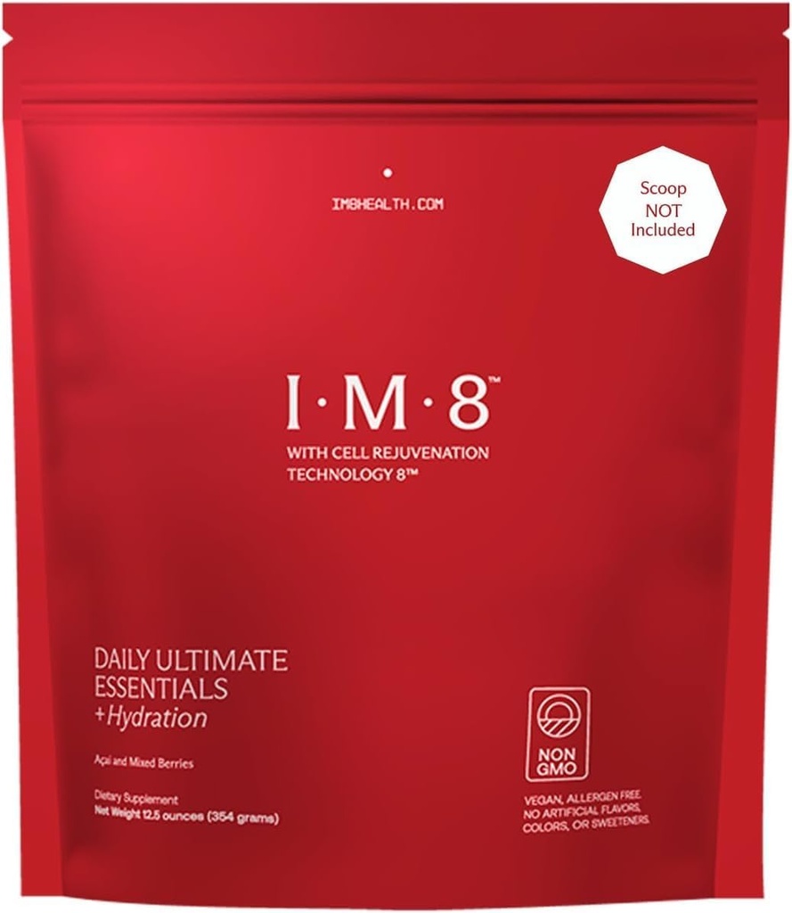 IM8 Daglige Ultimate Essentials All- in-1 Multivitamin Supplement, 92 Nutrient Rich Ingredienser CoQ10, Probiotika, Vitaminer, Grønne, GF, Acai blandet Berry (30 Servere, Refill Pouch)