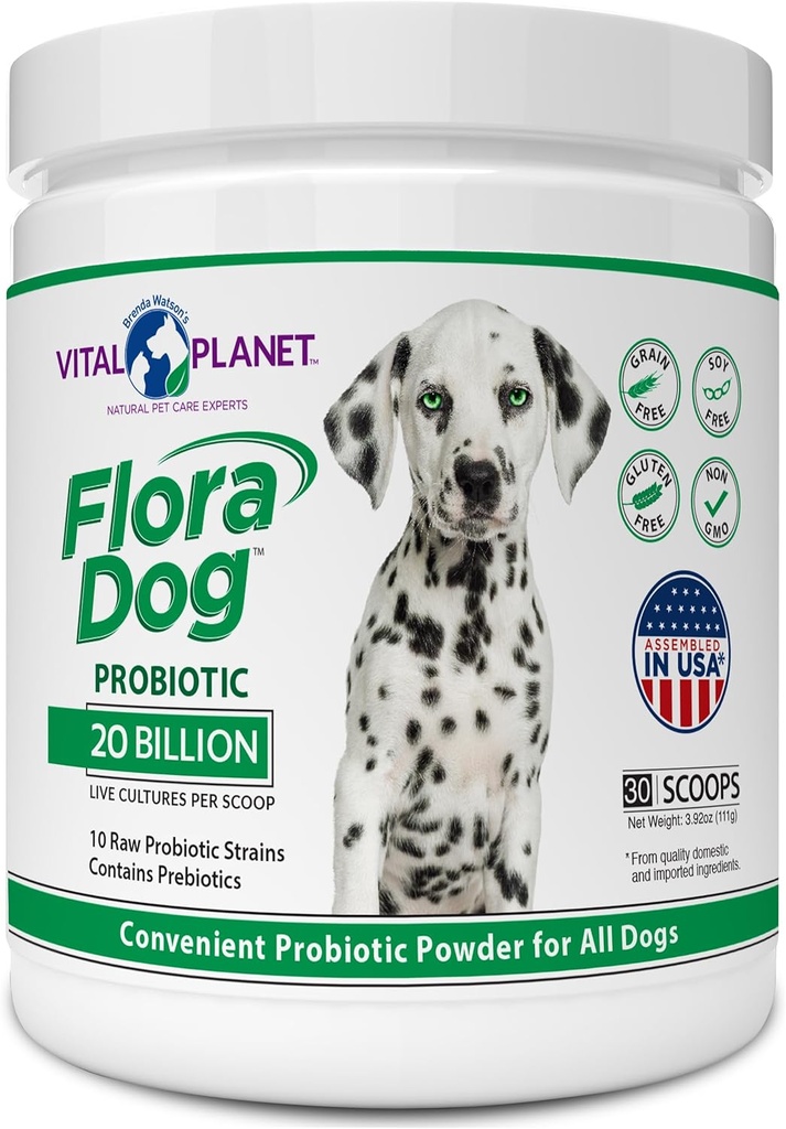 Vital Planet - Flora hund probiotisk pulver supplement med 20 Millioner kulturer og 10 Proteser, Høj Potency Immun og fordøjelsesstøtte Probiotika til hunde, 3.92 oz., 111 Bedste, 30 Servere