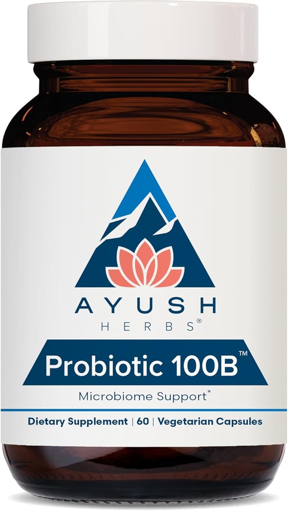 Ayush Herbs Probiotic 100B - Probiotika til kvinder, Probiotika til mænd, Prebiotika og Probiotika til fordøjelsessygdomme, Gas Relief, Gut Microbiome Balance - 60 vegetariske kapsler (1 greve)