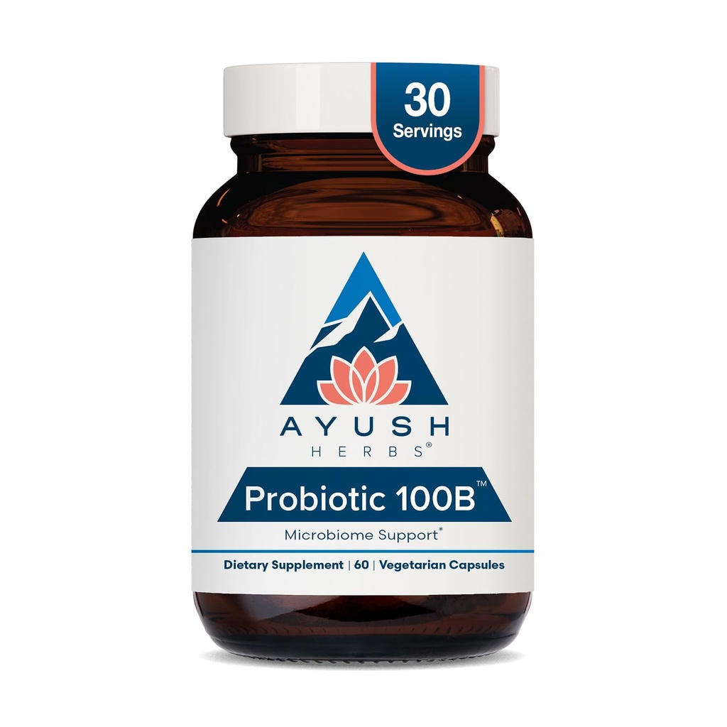 Ayush Herbs Probiotic 100B - Probiotika til kvinder, Probiotika til mænd, Prebiotika og Probiotika til fordøjelsessygdomme, Gas Relief, Gut Microbiome Balance - 60 vegetariske kapsler (1 greve)