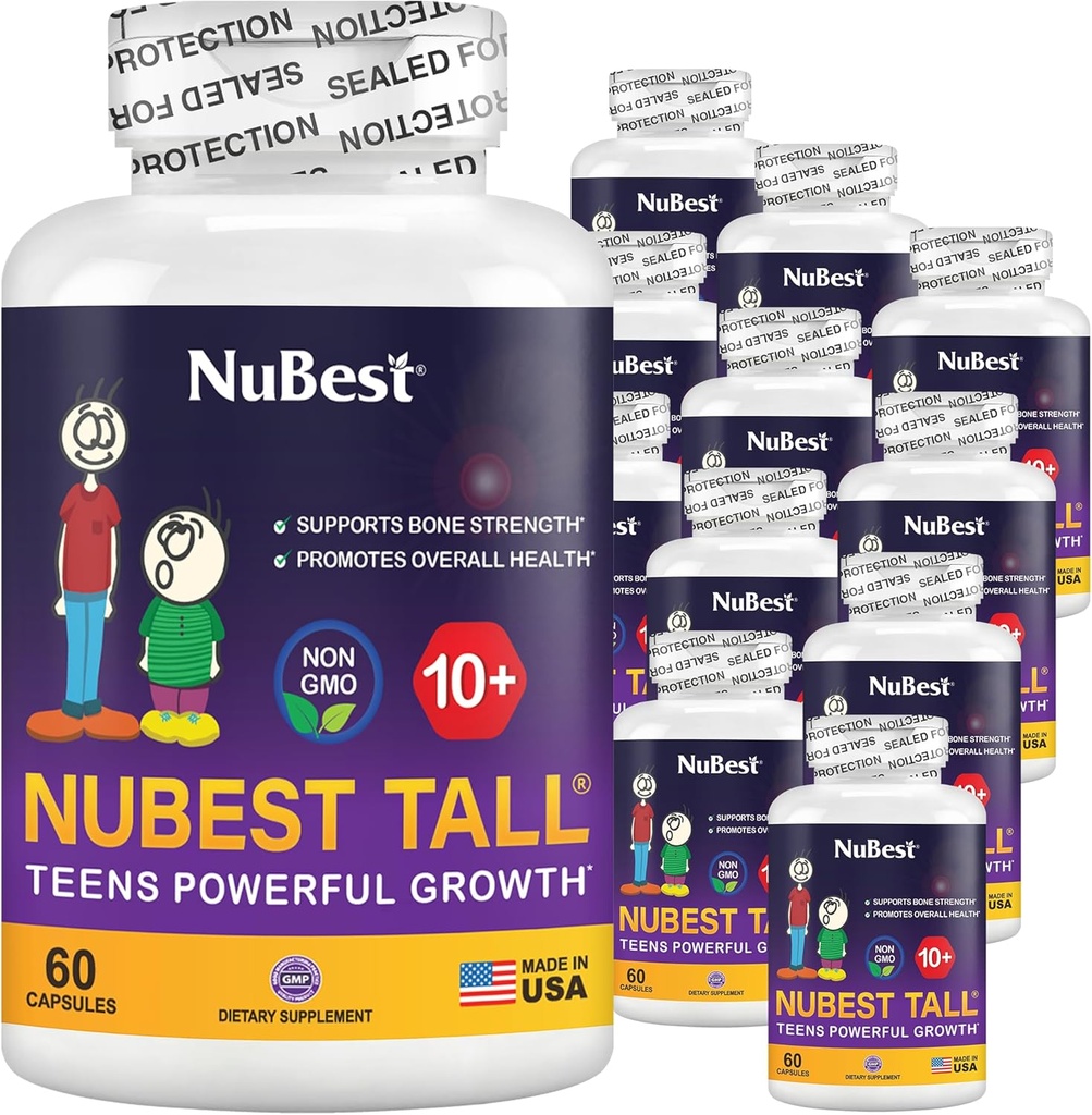 NuBest Tall 10 + Premium Bone Strength Formel, Forstærket Immunitet og Samlet Sundhed for Alder 10 + med Calcium, Vitamin D3, Vitamin K2, og Multivitaminer; Pack 12