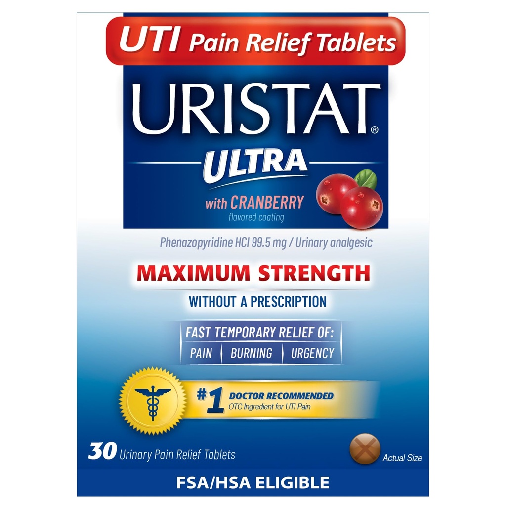 Uristat Ultra UTI smertestillende tabletter, hurtig urinvejsinfektion lindring af urinvejssmerter, forbrændinger, akut, maksimal styrke, tranebærsmag, 30 tabletter