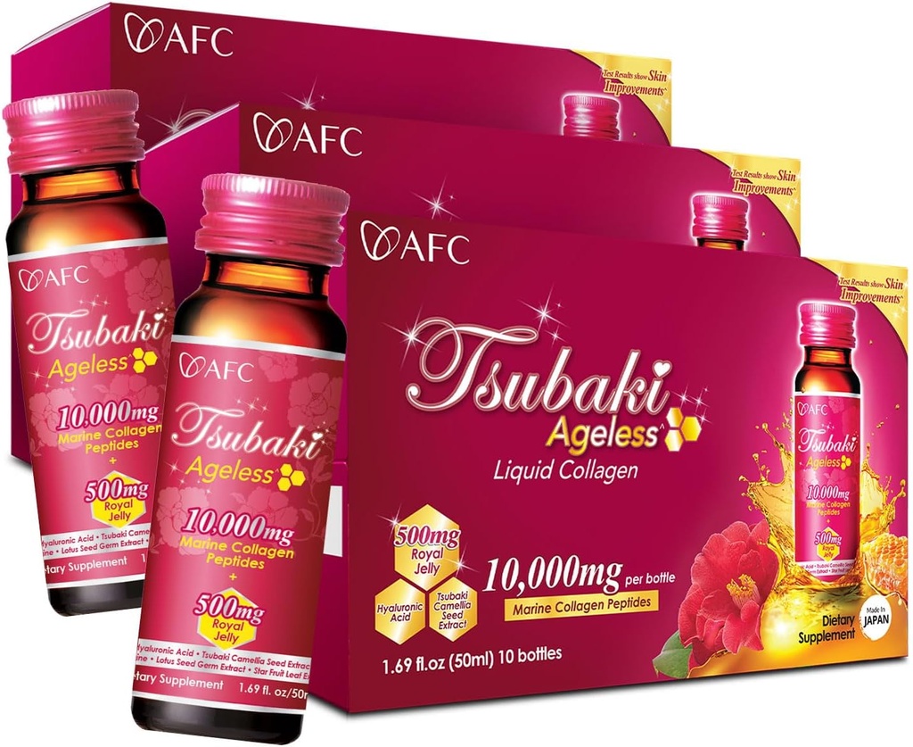 AFC Japan Tsubaki Ageless Beauty Collagen Drink fra Japan med 10,000mg Marine Collagen Peptider + 500mg Royal Jelly + Hyaluronic Acid + Vitamin B & C for hud revitalisering 1.69fl.ozx10sx3