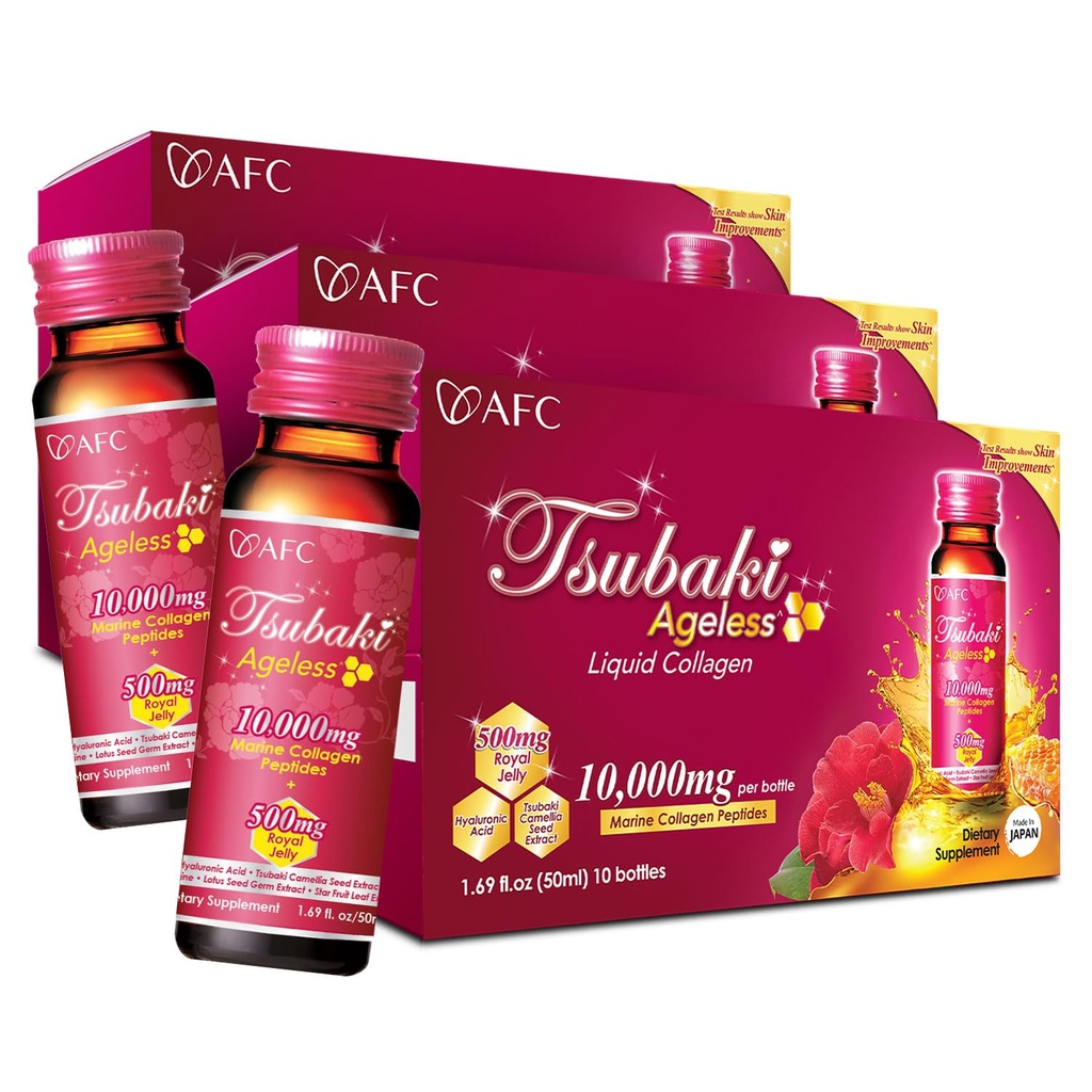 AFC Japan Tsubaki Ageless Beauty Collagen Drink fra Japan med 10,000mg Marine Collagen Peptider + 500mg Royal Jelly + Hyaluronic Acid + Vitamin B & C for hud revitalisering 1.69fl.ozx10sx3