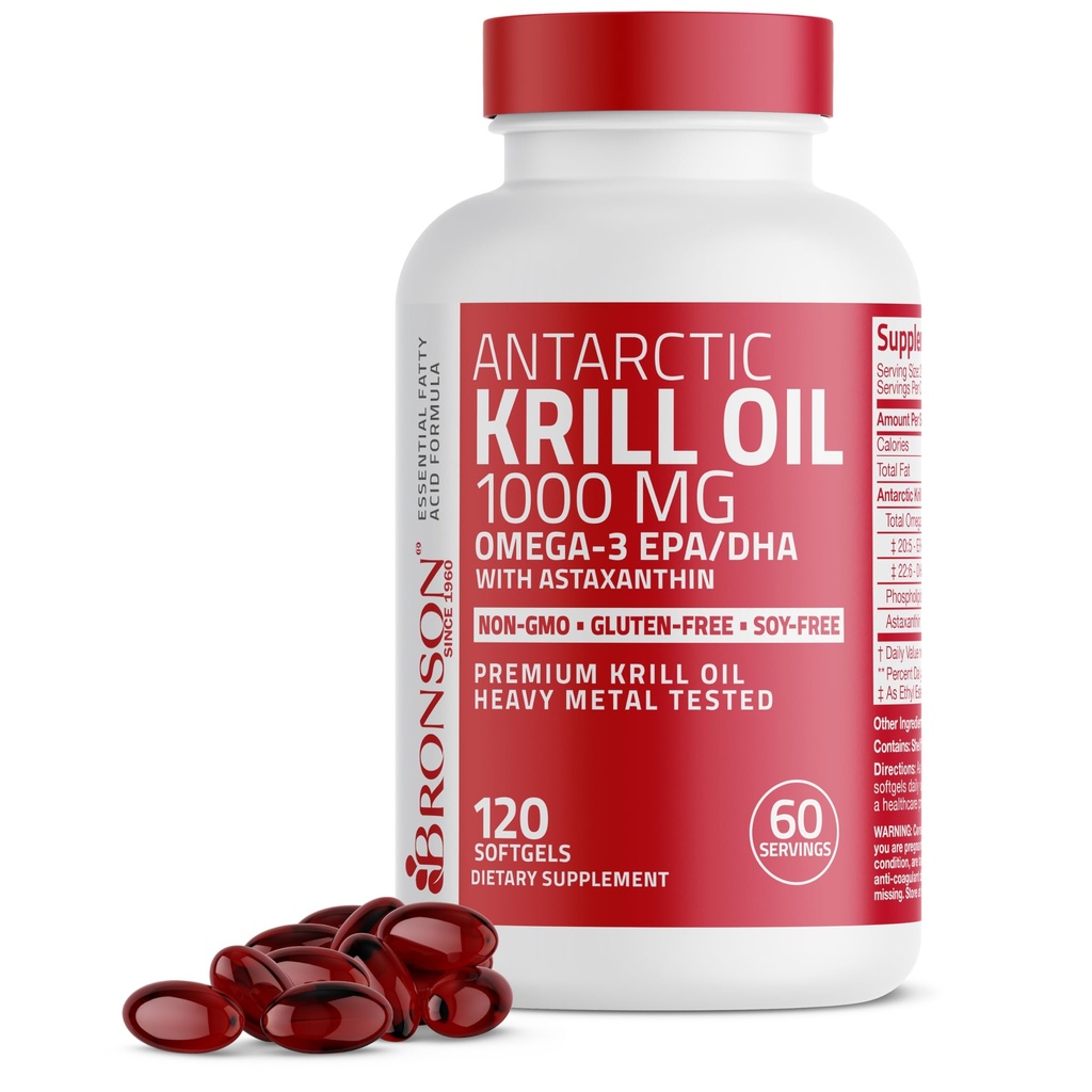 Bronson Antarctic Krill Oil 1000 mg med Omega- 3s EPA, DHA, Astaxanthin og Phospholipider 120 Softgels
