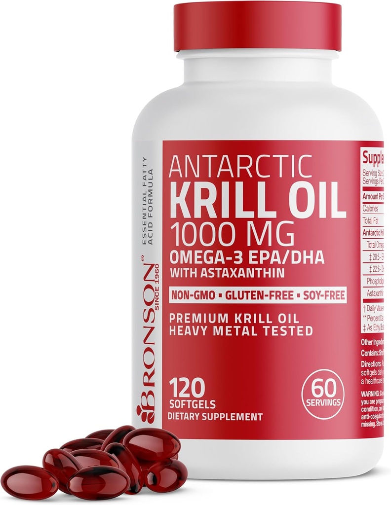 Bronson Antarctic Krill Oil 1000 mg med Omega- 3s EPA, DHA, Astaxanthin og Phospholipider 120 Softgels