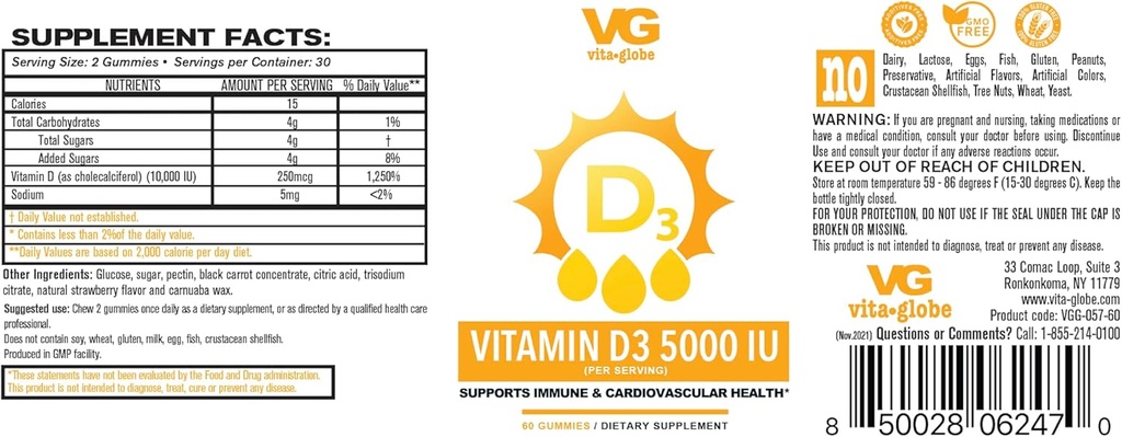 VITA GLOBE Vitamin D3 10,000IE 250mcg med zink og Echinacea Gummy - understøtter sundt immunsystem, stærke knogler, tænder og muskler, 120 greve (pakke med 2)