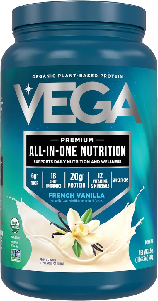 Vega Organic All- in- One Vegan Protein Powder, Fransk Vanilla-Superfood Ingredienser, Vitaminer for Immunitet støtte, Keto Friendly, Pea Protein for Women & Men, 1,5 lbs (Pack of 1)