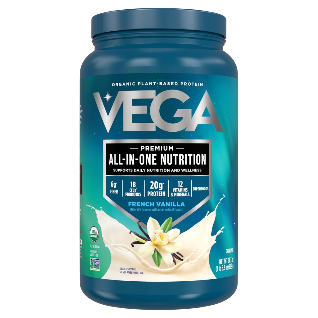 Vega Organic All- in- One Vegan Protein Powder, Fransk Vanilla-Superfood Ingredienser, Vitaminer for Immunitet støtte, Keto Friendly, Pea Protein for Women & Men, 1,5 lbs (Pack of 1)