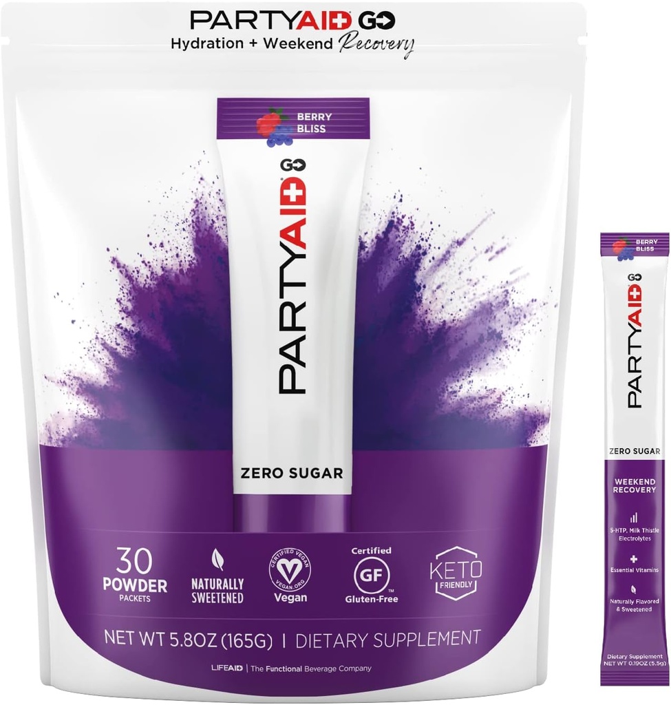 PARTYAID GO Føle sig godt i aften og i morgen, Zero Sugar, 5-HTP, B- Complex, Milk Thistle, Electrolytes, Ingen kunstige smagsstoffer eller sødestoffer, Kaffefri, 30 Greve (pakke med 1)