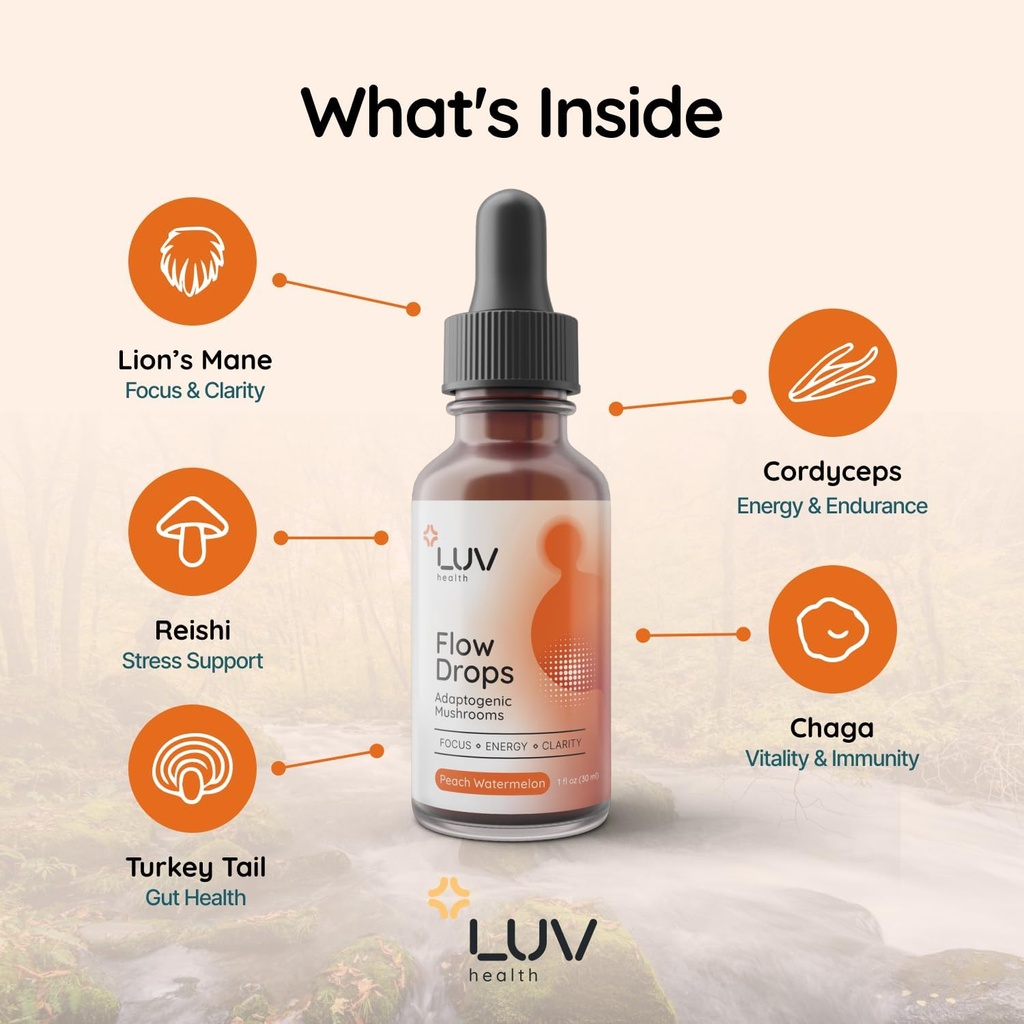 LUV health Flow Drops ® - Energitillæg til fokus, mental Klarhed & immunforsvar - Adaptogene svampe med Lions Mane, Cordyceps, Reishi, Chaga & Turkey Tail - Vegan, Lavet i USA 60 Servere