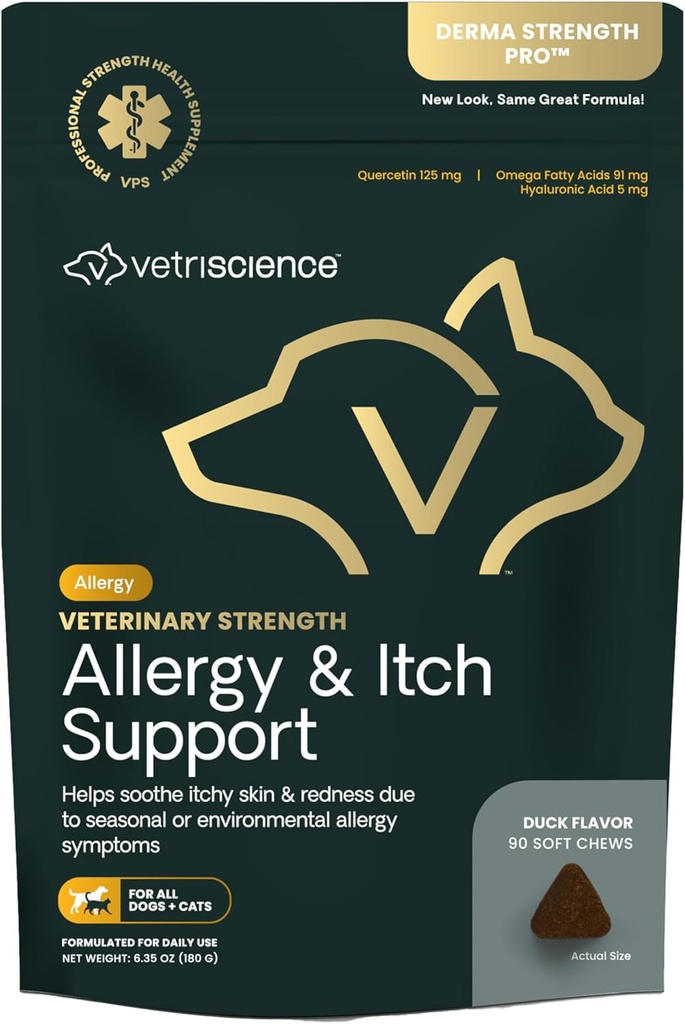 VetriScience Veterinary Strength Allergy & Itch Support Chews - Sæsonbestemt Allergy Support Supplement til Kæledyr - Kæledyr Skin Følsomhed Support - Katte & Hunde - Duck Flavor - 60 Chews