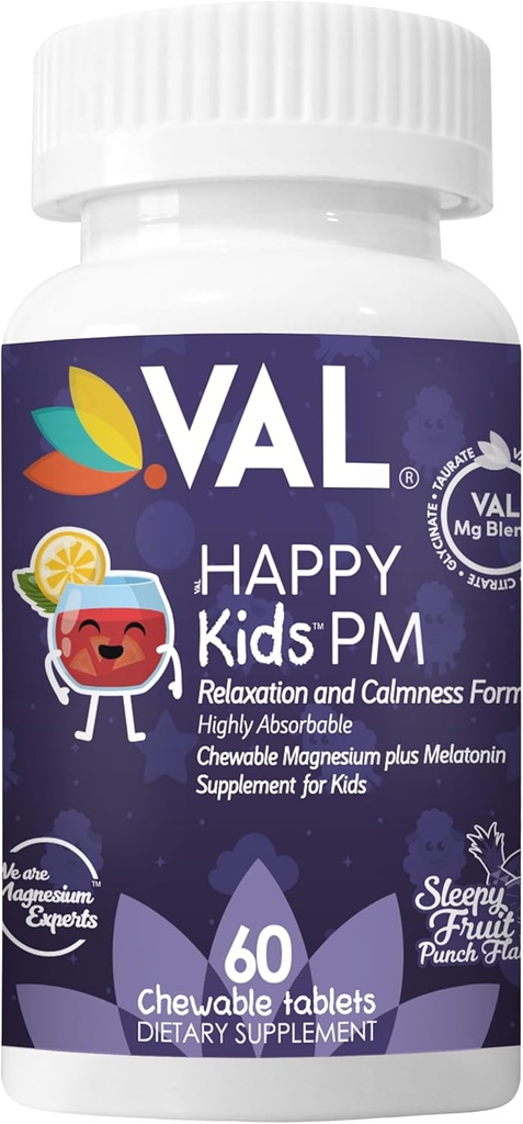 VAL Happy Kids PM - Sugar- Free Chewable Magnesium med Melatonin · 124; Sleep Support for Children · 124; Magnesium Glycinate + Citrate + Taurate · 124; B6, C · 124; Fruit Punch • 124; 60 tabletter • 124; Non- GMO