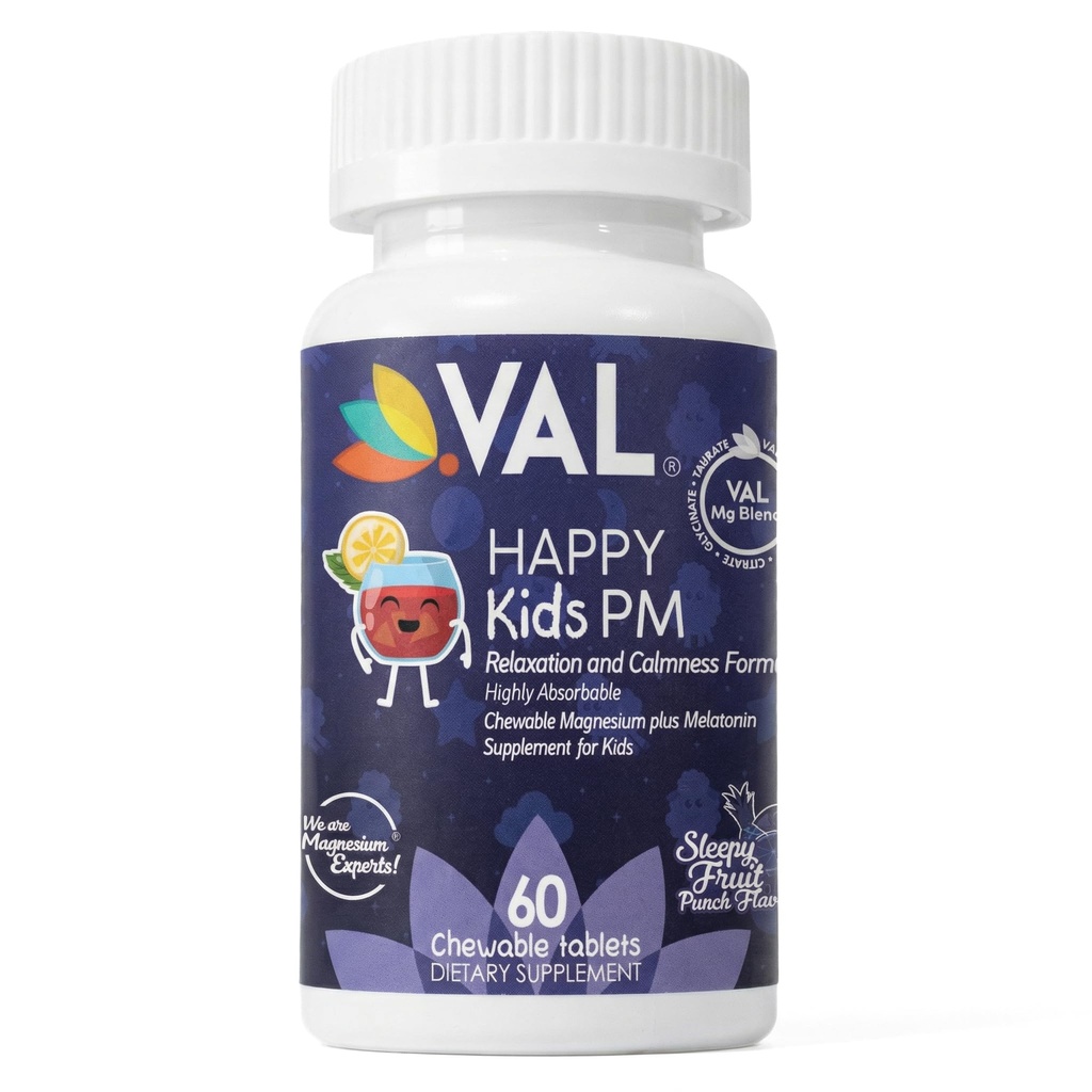 VAL Happy Kids PM - Sugar- Free Chewable Magnesium med Melatonin · 124; Sleep Support for Children · 124; Magnesium Glycinate + Citrate + Taurate · 124; B6, C · 124; Fruit Punch • 124; 60 tabletter • 124; Non- GMO