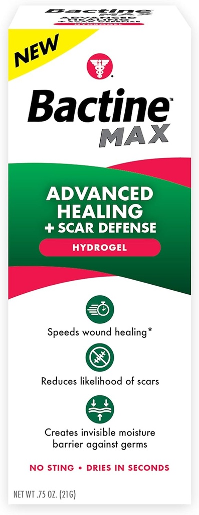 Bactine MAX Advanced Healing Hydrogel med Scar Defense - Faster- Healing & Førstehjælp Infektion Beskyttelse med naturlige ingredienser - Scar Prevention Gel - 0.75oz