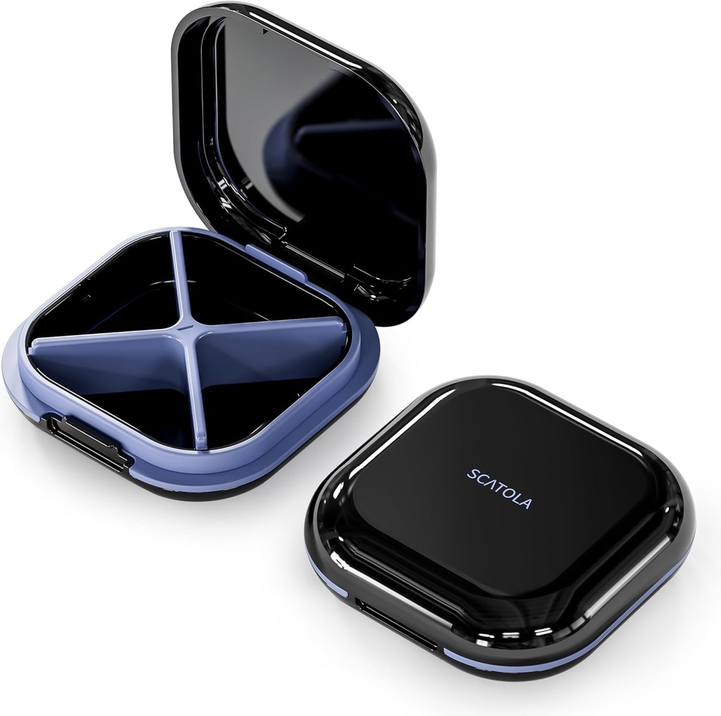 Lille pillekasse, rejsepilleboks, transportabel pilleorganizer, pillebeholder til lomme 4 afdelinger, Daily Compact Travel Medicine Holder for Vitaminer Medicin (sort)