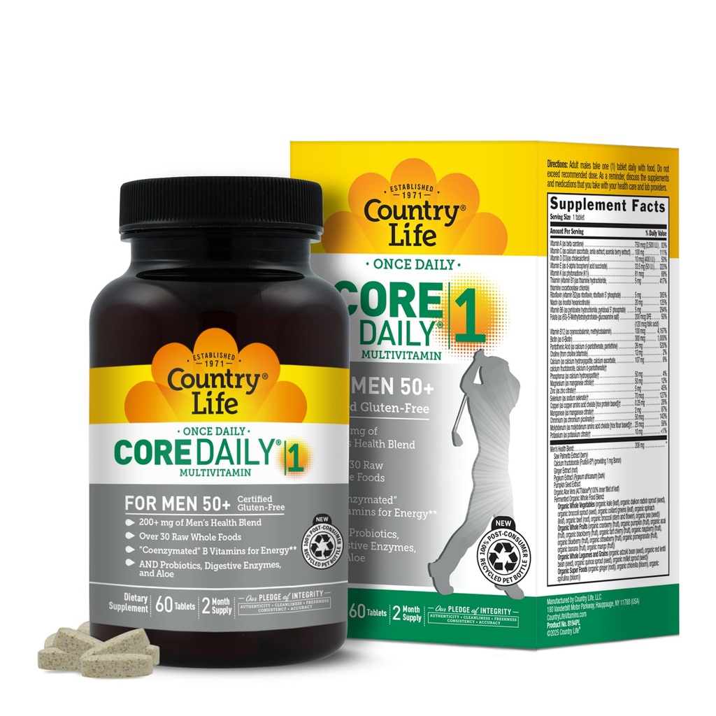 Country Life CORE Daily-1 Multivitamin til mænd 50 + - Gluten- Free, Energistøtte med koenzymerede B Vitaminer, Probiotika, Hele fødevarer og fordøjelsesenzymer, Certificeret Gluten Free, 60 tabletter