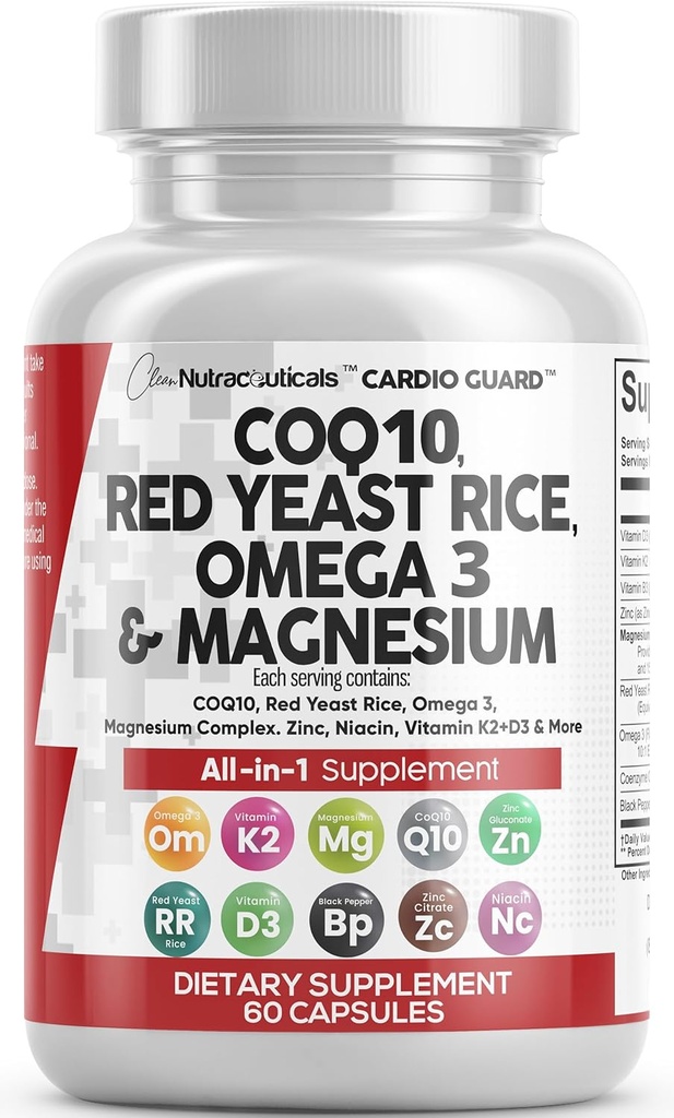 Clean Nutracatives COQ10 200mg Red Yeast Rice Omega 3 Magnesium Complex 500mg Niacin Zinkvitamin K2 D3 - Heart Support Vitaminer til kvinder & mænd w / vitamin B3, Coenzym Q10- 60 Ct