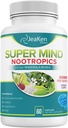 Super Mind - Nootropics Cognitive Enhancer - Brain Boost tillæg med naturlige ingredienser - Bacopa Monnieri - Rhodiola Rosea - Ginkgo Biloba - Vitamin B12- 60 Veganske kapsler Lavet i USA
