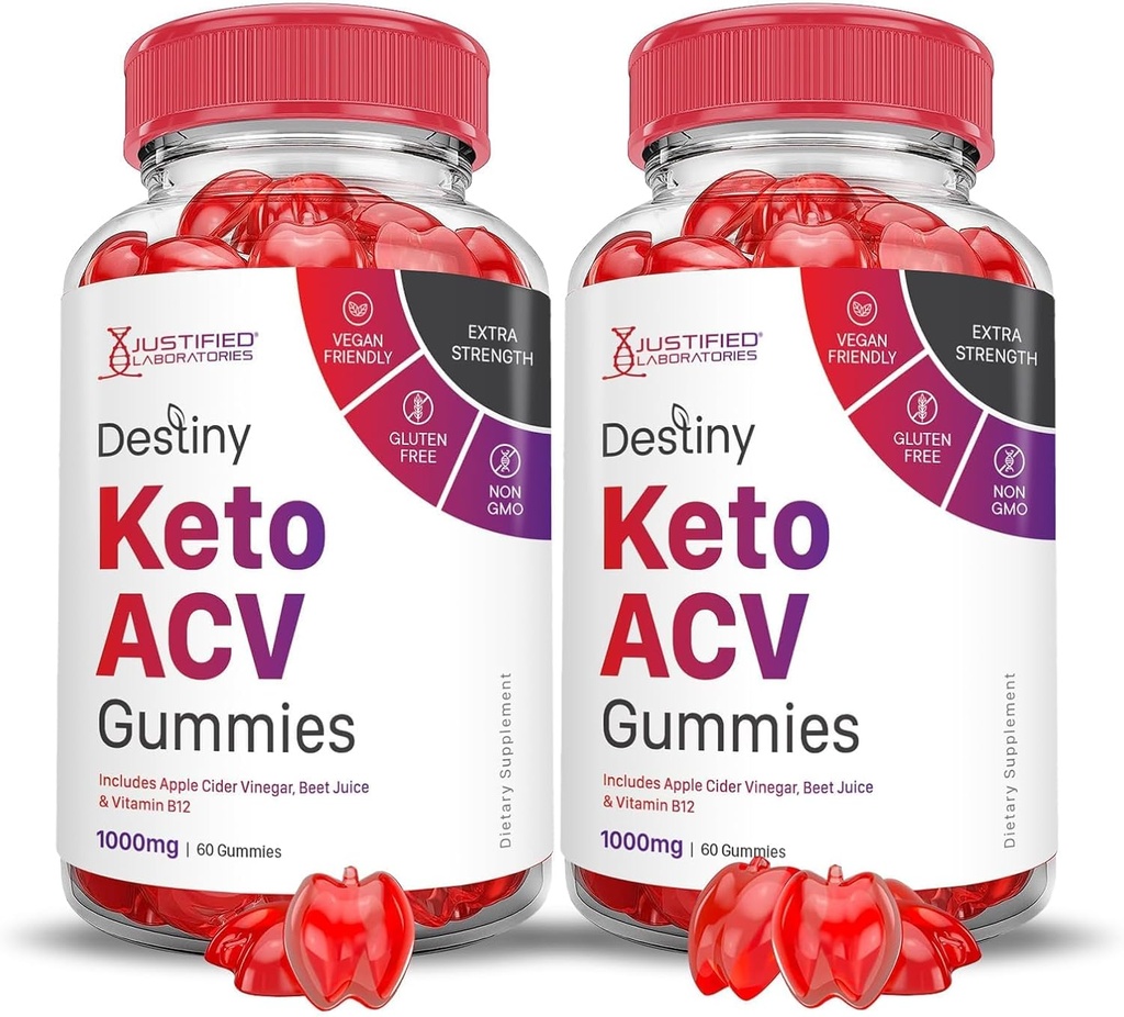 Justified Laboratories (2 Pack Destiny Keto ACV Gummies Advanced Formel 1000MG Destiny Keto Gummies Apple Cider Vinticaria Formuleret med Pomegranate Beet Juice Powder B12 Vegan Non GMO 120 Gummys
