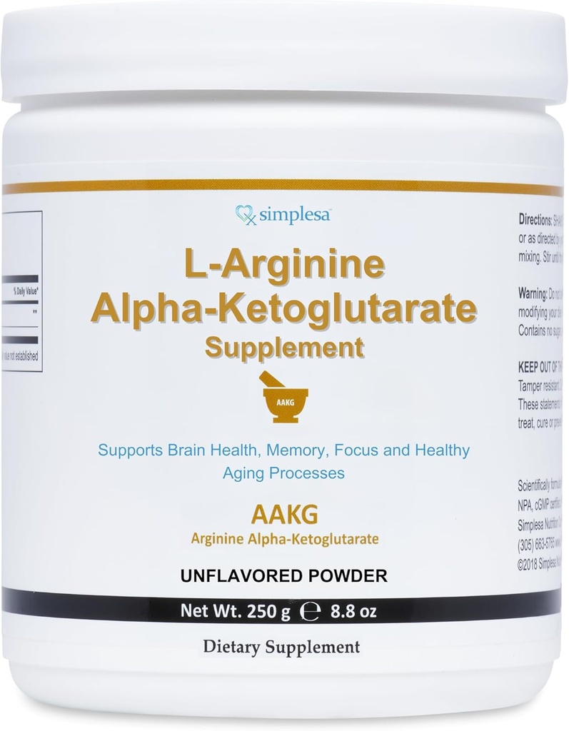Simplesa AAKG Arginin Powder, L- arginin Alpha- Ketoglutarat Supplement, 2000mg Per Serving, Understøtter hjerne sundhed, hukommelse, fokus og sund aldring processer, 250g pulver supplement