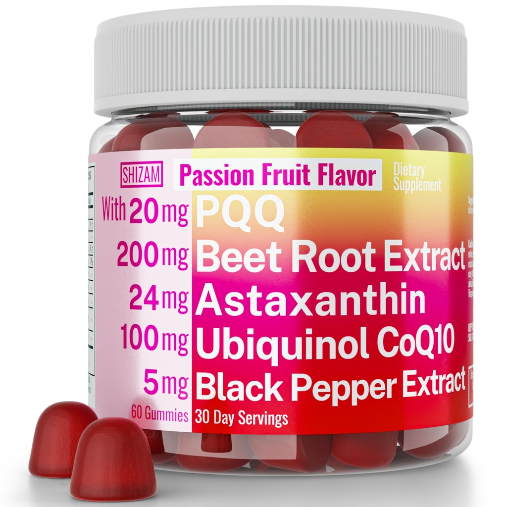 SHIZAM Ubiquinol CoQ10 PQQ Astaxanthin Beets Gummies, Super Mitokondrie ATP Kosttilskud Soft Chews Flydende piller Pulver Alt, Beet- Root