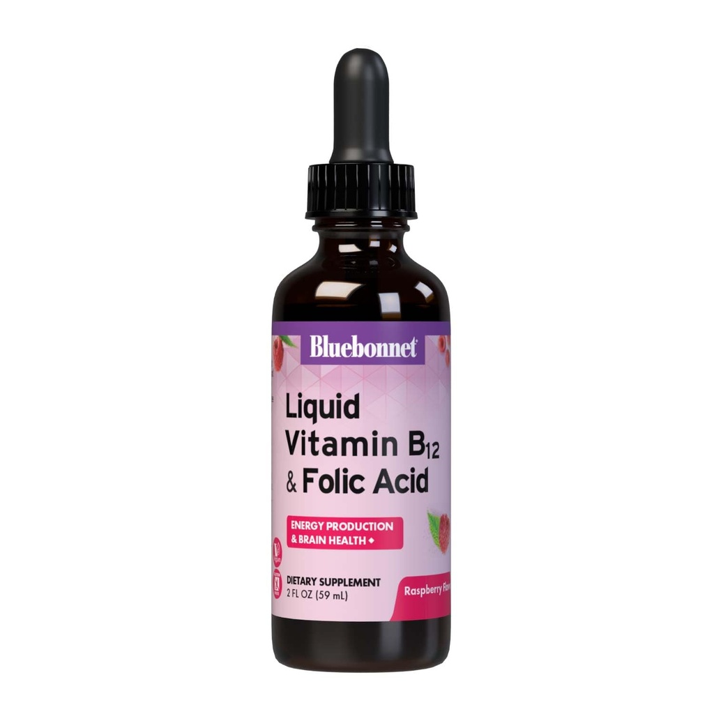 Bluebonnet Nutrition Liquid Vitamin B12 & Folinsyre, for Energy Boost *, Soy- Free, Gluten- Free, Dairy- Free, Vegan, 400 mcg folinsyre & 1000 mcg vitamin B12 Per Servering, 2 fl oz, 59 Servering