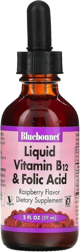 Bluebonnet Nutrition Liquid Vitamin B12 & Folinsyre, for Energy Boost *, Soy- Free, Gluten- Free, Dairy- Free, Vegan, 400 mcg folinsyre & 1000 mcg vitamin B12 Per Servering, 2 fl oz, 59 Servering