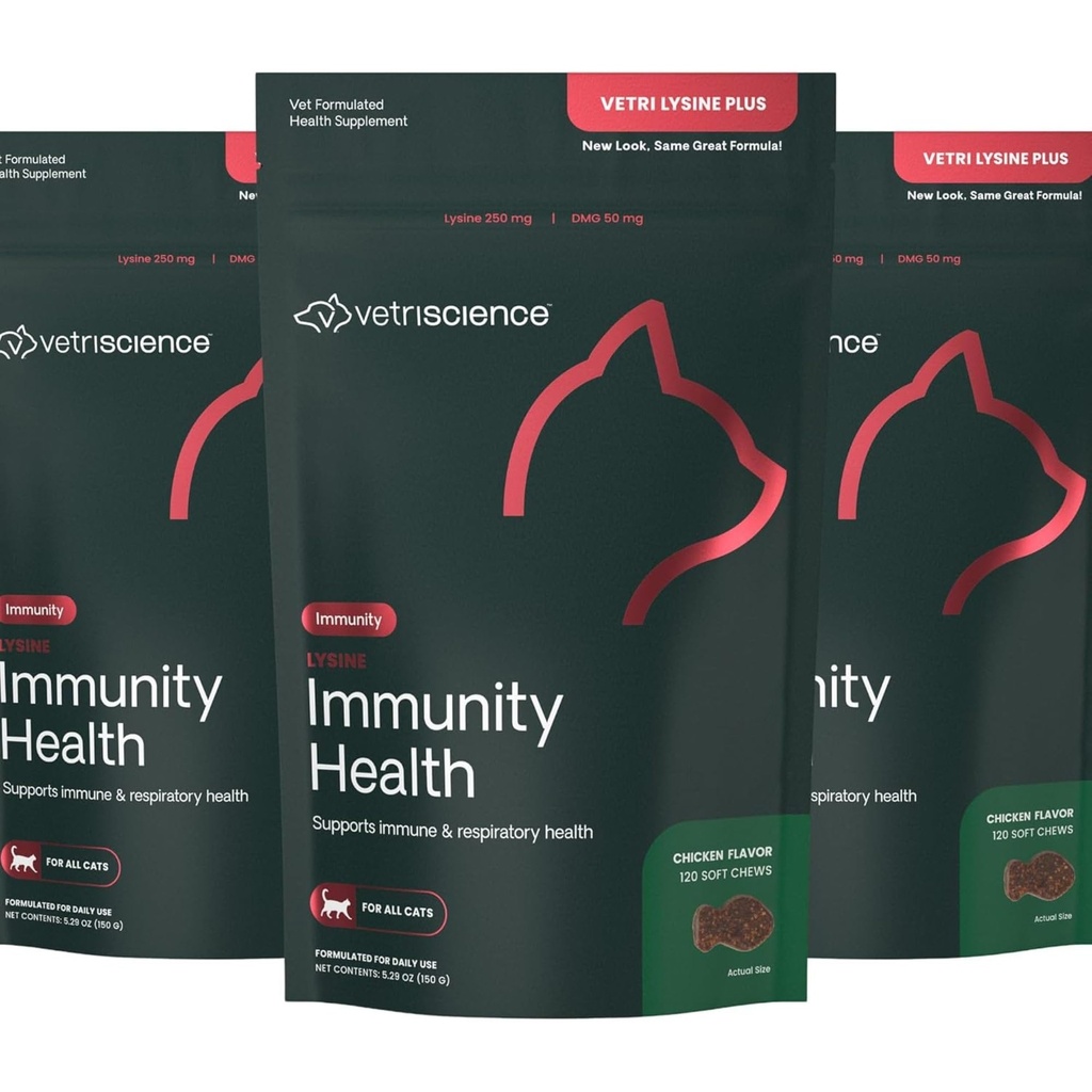 VetriScience Lysin Immunity Health Chews, 250 mg Lysin Plus immunsupplement til katte og killinger med allergier, nysen, runny Næse og ure øjne, kylling, 3 Pack