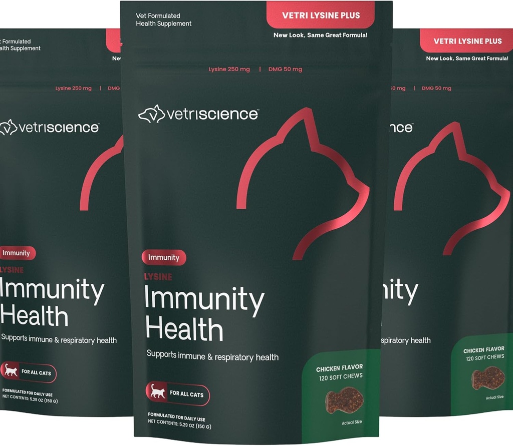 VetriScience Lysin Immunity Health Chews, 250 mg Lysin Plus immunsupplement til katte og killinger med allergier, nysen, runny Næse og ure øjne, kylling, 3 Pack