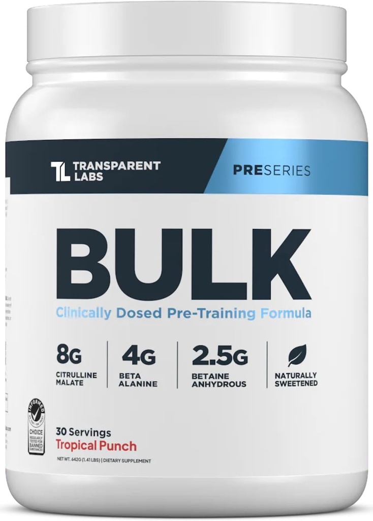 Transparent Labs Bulk Pre Workout Powder - naturligt sødet avanceret præ-workout Formel for muskelopbygning og styrke - 30 Servering, Tropical Punch