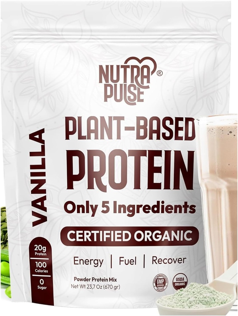 Organic Vegan Protein Powder - Vanilla Flavor, Plant- baseret, Gluten- Free, Non- GMO, 20g Protein Per Servering, Ideel til smoothies, Shakes, Bagning, Madlavning (1 pakke, 20 Servering)