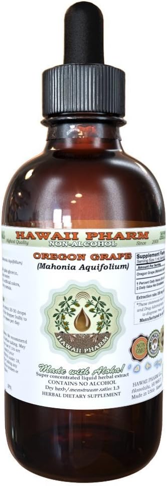 Hawaii Pharm Oregon Grape Alkohol- Free Liquid Extract, Oregon Grape (Mahonia aquifolium) Tørret Root Glycerit Natural Herbal Supplement, USA 2oz