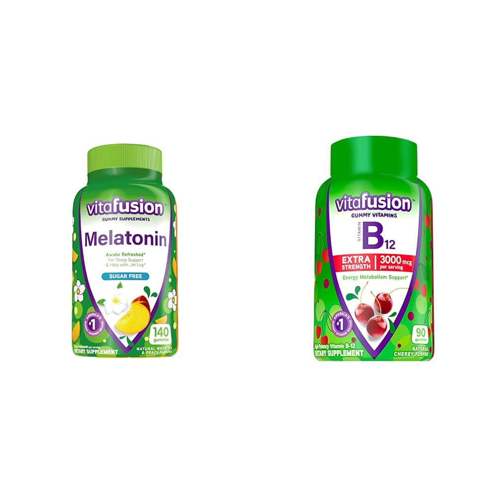 Viafusion Melatonin 140 Count og vitamin B12 Gummy Vitamin, 90 Count Cherry Flavor til energi Metabolisme og nervesystem støtte