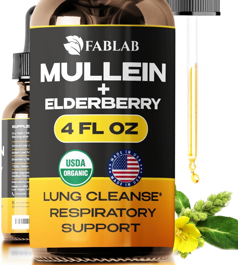 FabLab Mullein Leaf Extract with Elderberry 4 Fl Oz - Made in USA - Drops for Better Lung - Mullein Tincture for Lung Detox - Bronchial Cleanse for Smokers - Respiratory Herbal Supplement