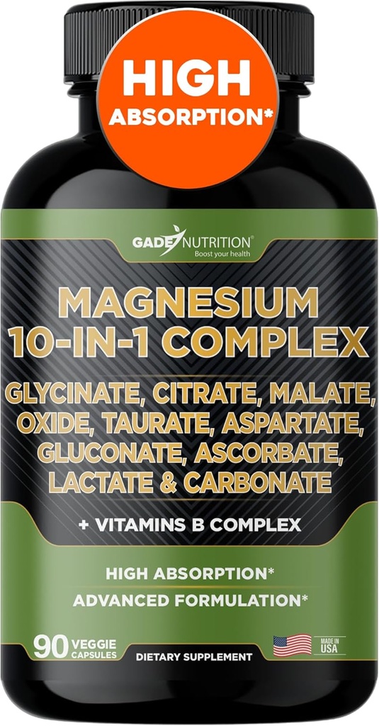 Gade Nutrition Magnesium Complex 10 i 1 - Glycinat, Citrat, Malat, Oxide, Taurat, Aspartat, Gluconat Ascorbat Lactate Carbonat Zink Kobber Mangan & Vitaminer (90 Tæl (pakke med 1))