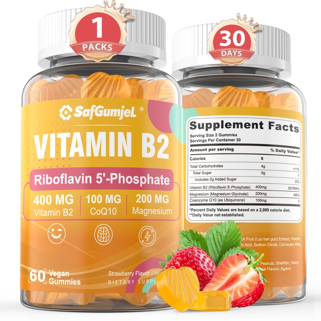 Vitamin B2 Gummies Б124; Riboflavin 400mg med Magnesium & CoQ10 til migræne Relief & Hovedpine Relief