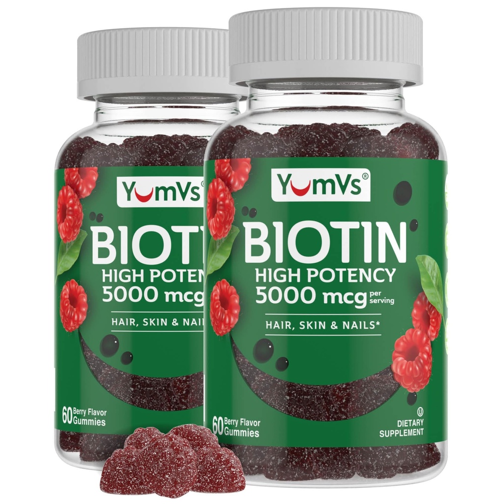 Yumvs Biotin Gummies 5000mcg - Luscious Raspberry Flavor - Thicker Hurtigere hårvækst Gummies for kvinder eller mænd - Hår, Hud & Nails Vitamin - Hår Gummies - Vegetarisk Biotin Supplement (60 Ct., 2pk)