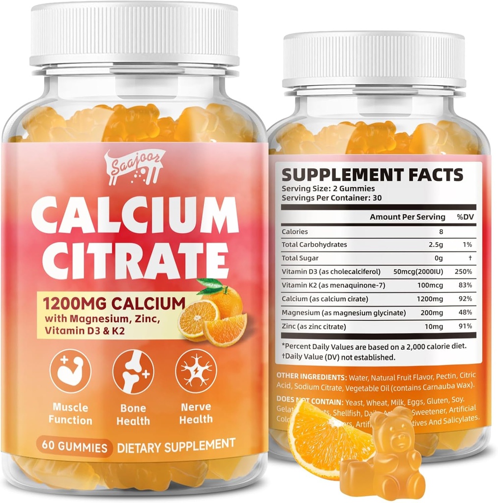 Calcium Citrate Gummies 1200 mg med vitamin D3, K2, Magnesium, Zink, Knogler, Muskler & Joints, Immunitet & Hukommelse Support, 60 Greve
