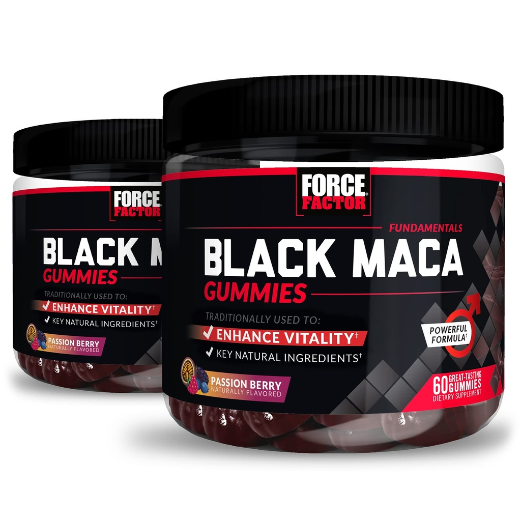 Force Factor Black Maca Gummies, 2-Pack, Black Maca Root til at forbedre mandlige vitalitet, øge energi & styrke, med BioPerine for Superior Absorption, Lækker Passion Berry Flavor, 120 Gummies
