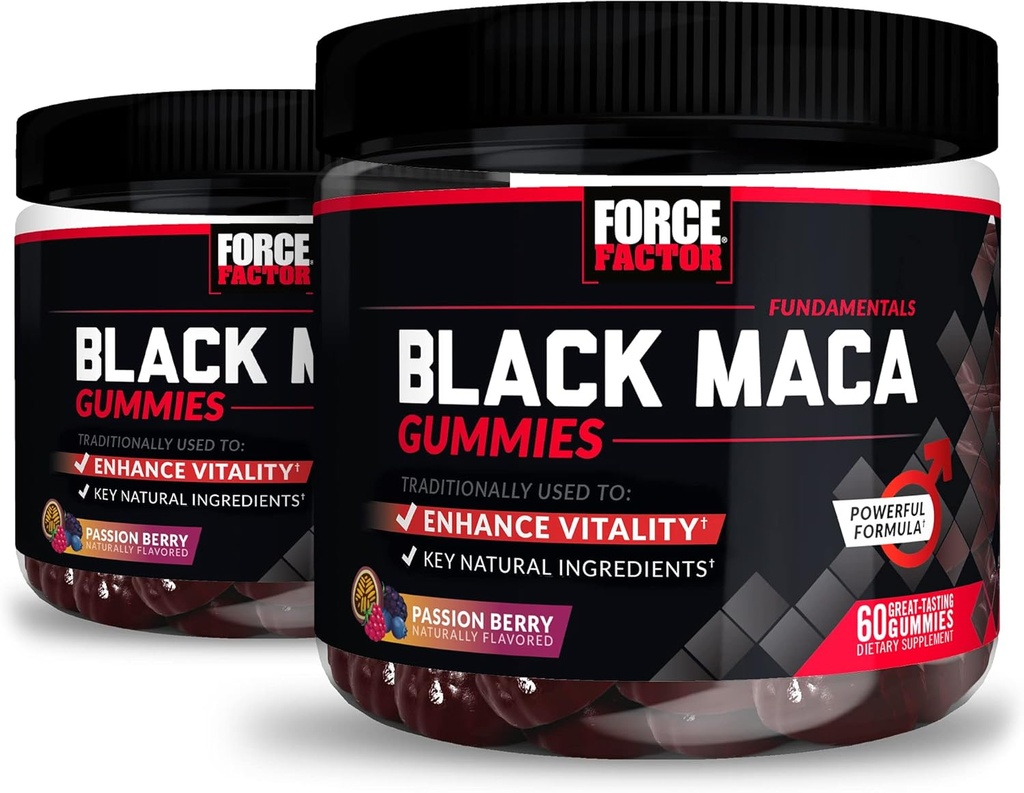 Force Factor Black Maca Gummies, 2-Pack, Black Maca Root to Enhance Male Vitality, Increase Energy & Strength, with BioPerine for Superior Absorption, Delicious Passion Berry Flavor, 120 Gummies