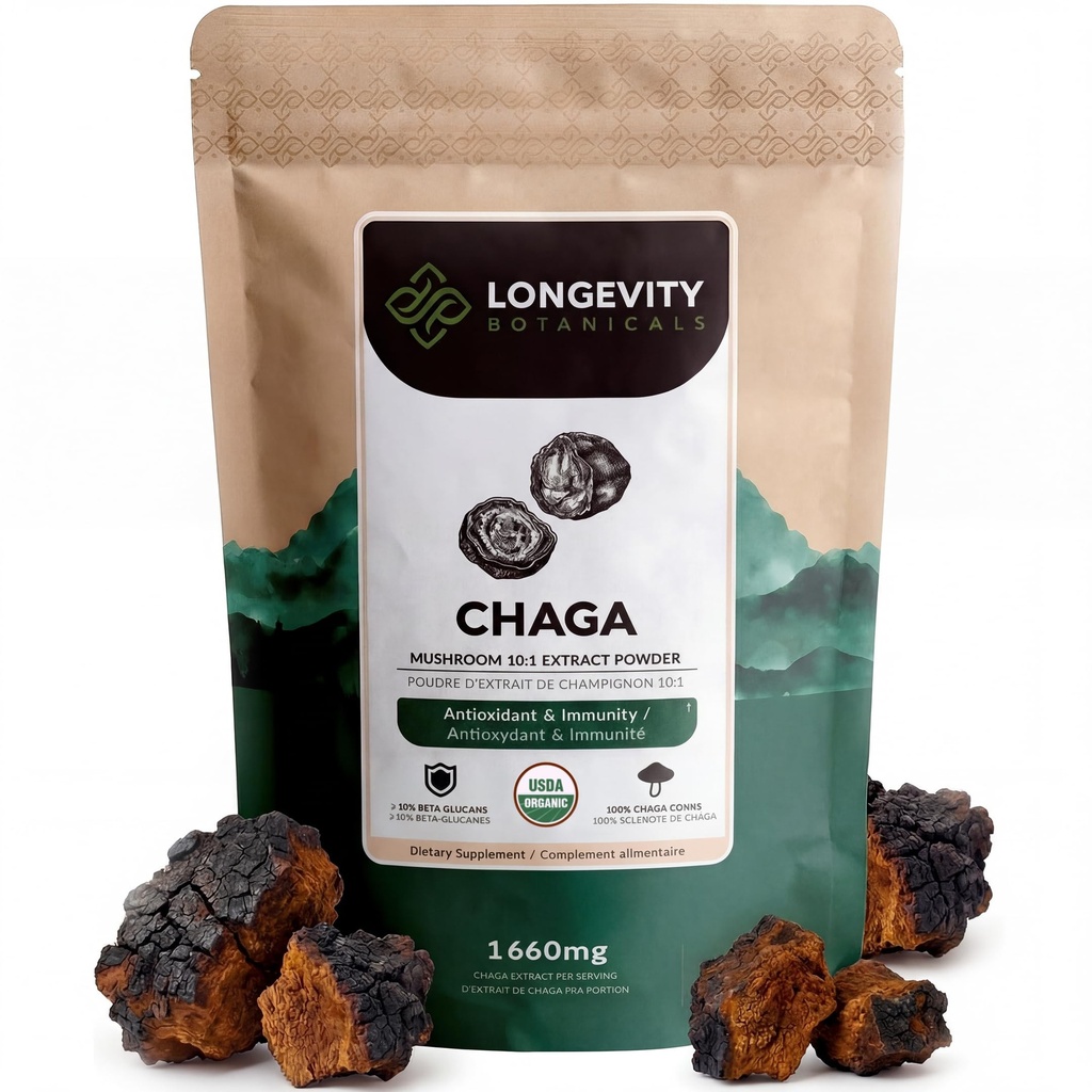 Longevity Botanicals Organic Chaga Mushroom Powder Supplement Extract 100g | Inonotus Obliquus Fruiting Body | ≥10% Beta-D-Glucans | 60 Servings of 1,660mg | Supports Antioxidant & Immune Wellness
