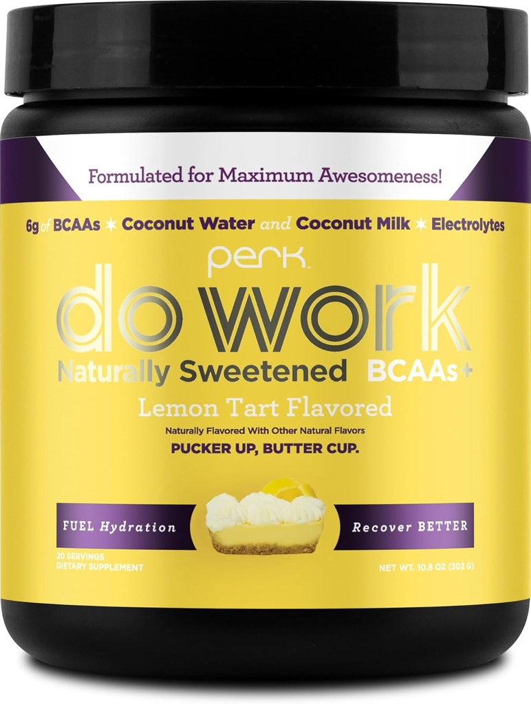 Perk Do Work BCAAs + Hydration Electrolytes Powder (naturligt sødet Lemon Tart Flavored, 20 Servere) - med kokos vand & kokos mælk