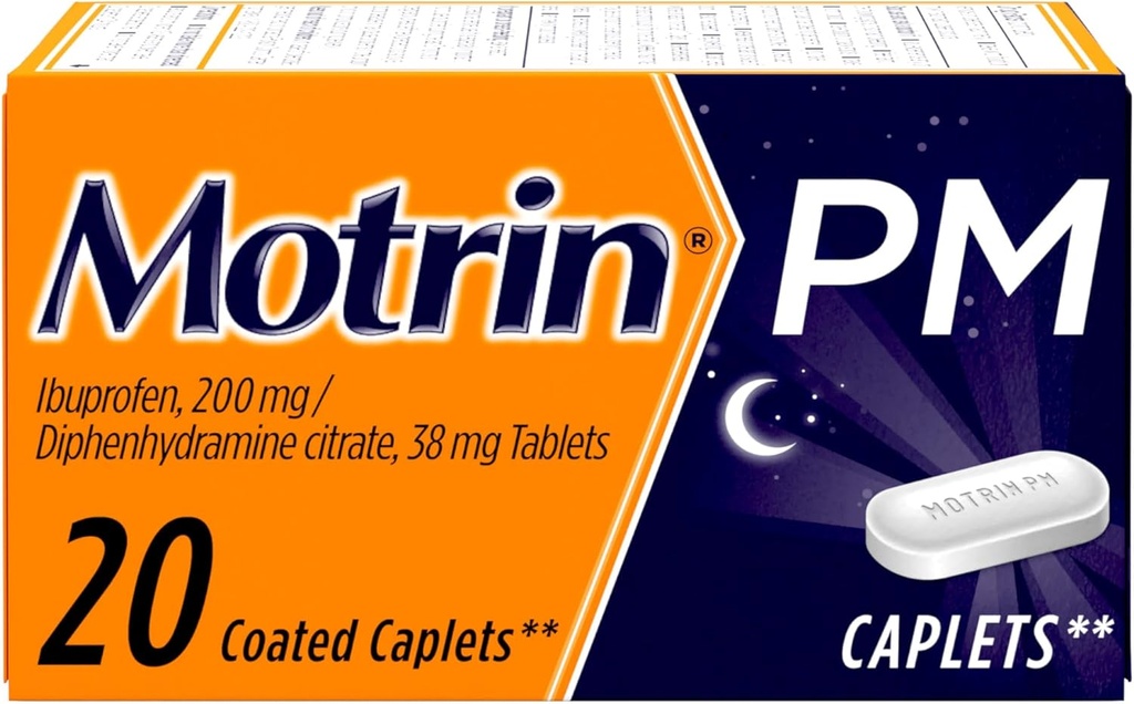 Motrin PM smertelindring kapsler med 200 mg Ibuprofen & 38 mg Diphenhydramin sovestøtte, Nighttime smertelindring for mindre Aches & Pains hjælper dig med at falde søvn og holde sig vågen, 20 ng